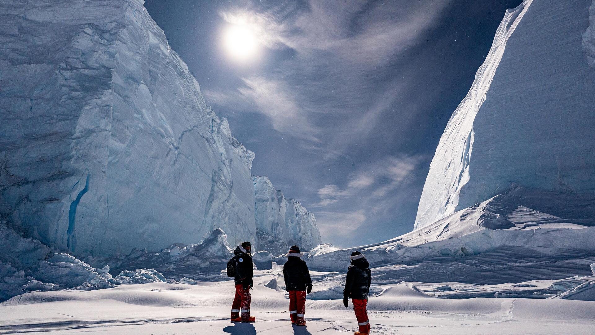 Überwinterer vor Eiskulisse Antarktis