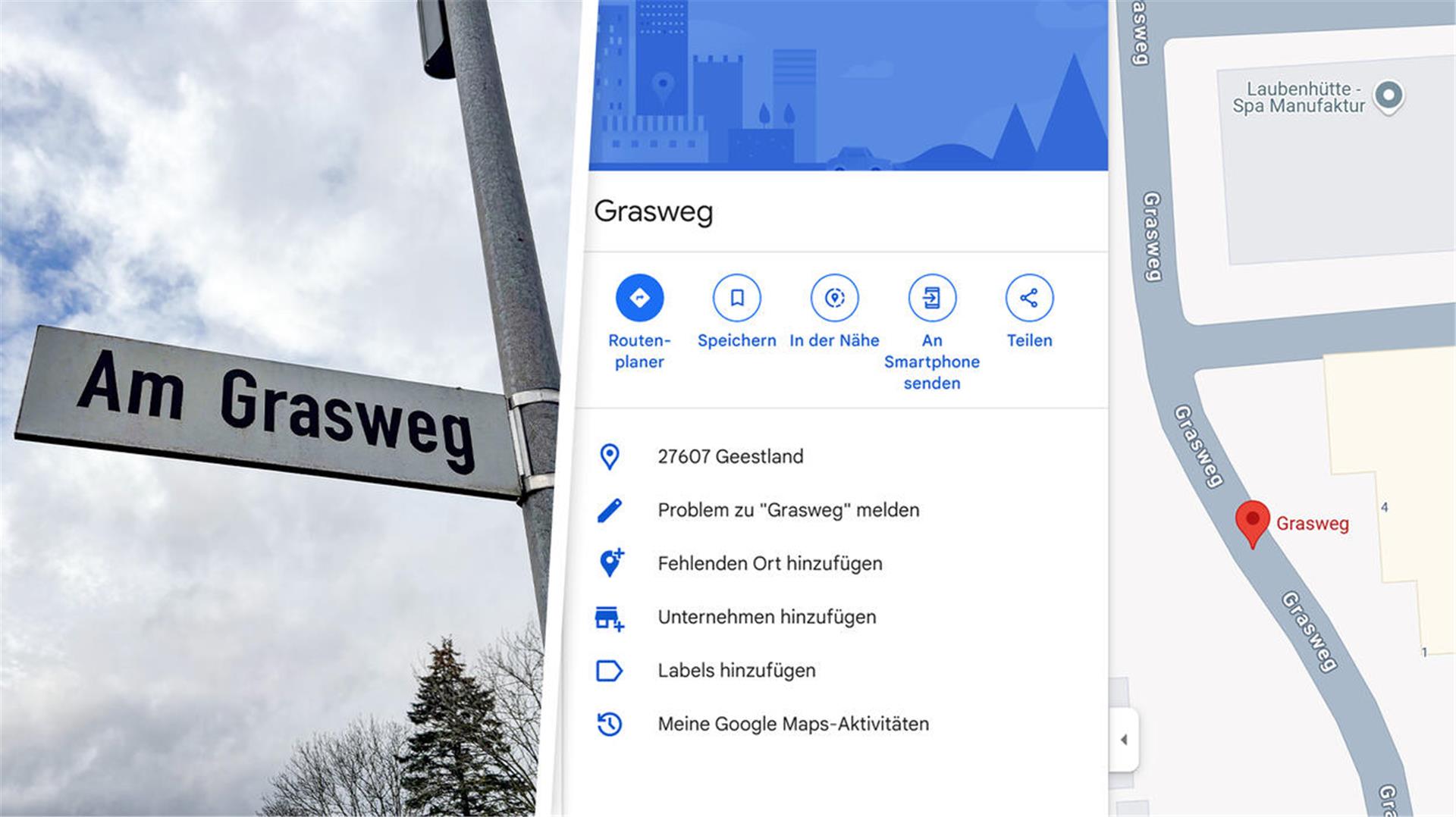 Straßenschild mit Ausschnitt von Google Maps