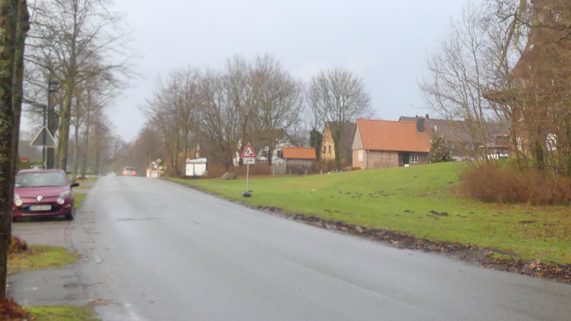 Eine ruhige, asphaltierte Straße in einem ländlichen Gebiet mit Bäumen links und einer Grünfläche rechts. Im Hintergrund stehen Wohnhäuser mit roten Dächern. Am Straßenrand parkt ein rotes Auto, und ein Verkehrsschild warnt vor Fußgängern.