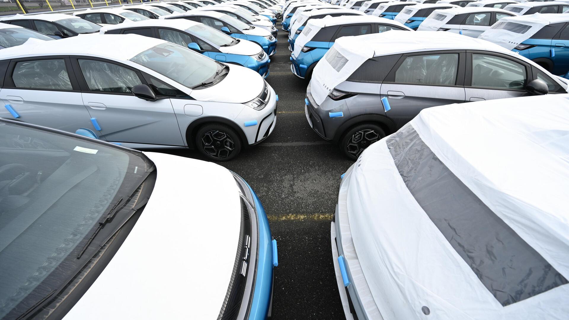 Reihen mit parkenden Autos im Hafen.