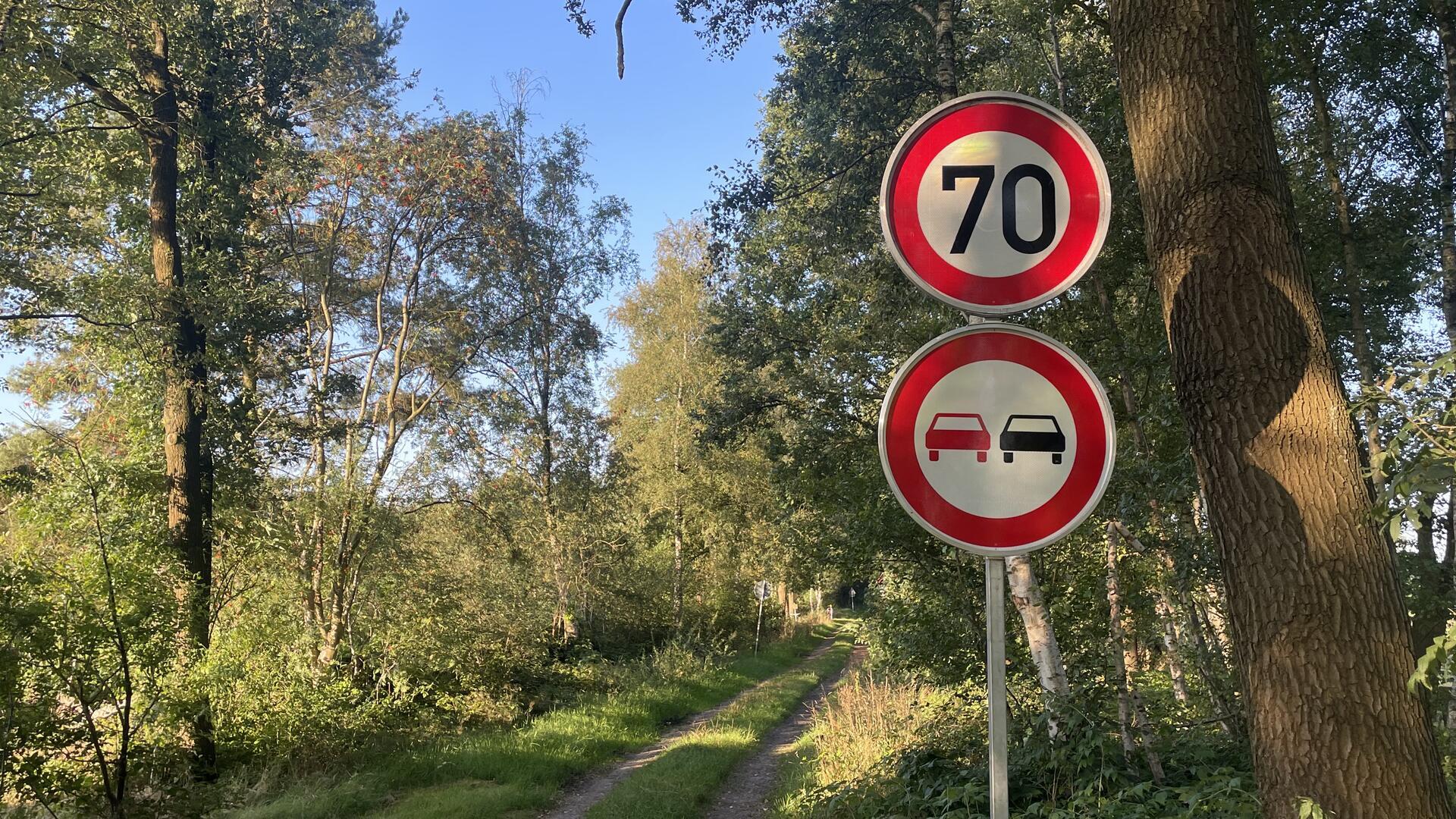 Verkehrsschilder "Überholverbot" und "Zulässige Höchstgeschwindigkeit 70" am Rande eines Waldweges