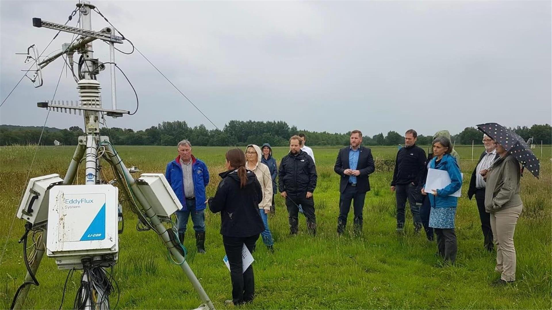 Männer und Frauen stehen im Gras.