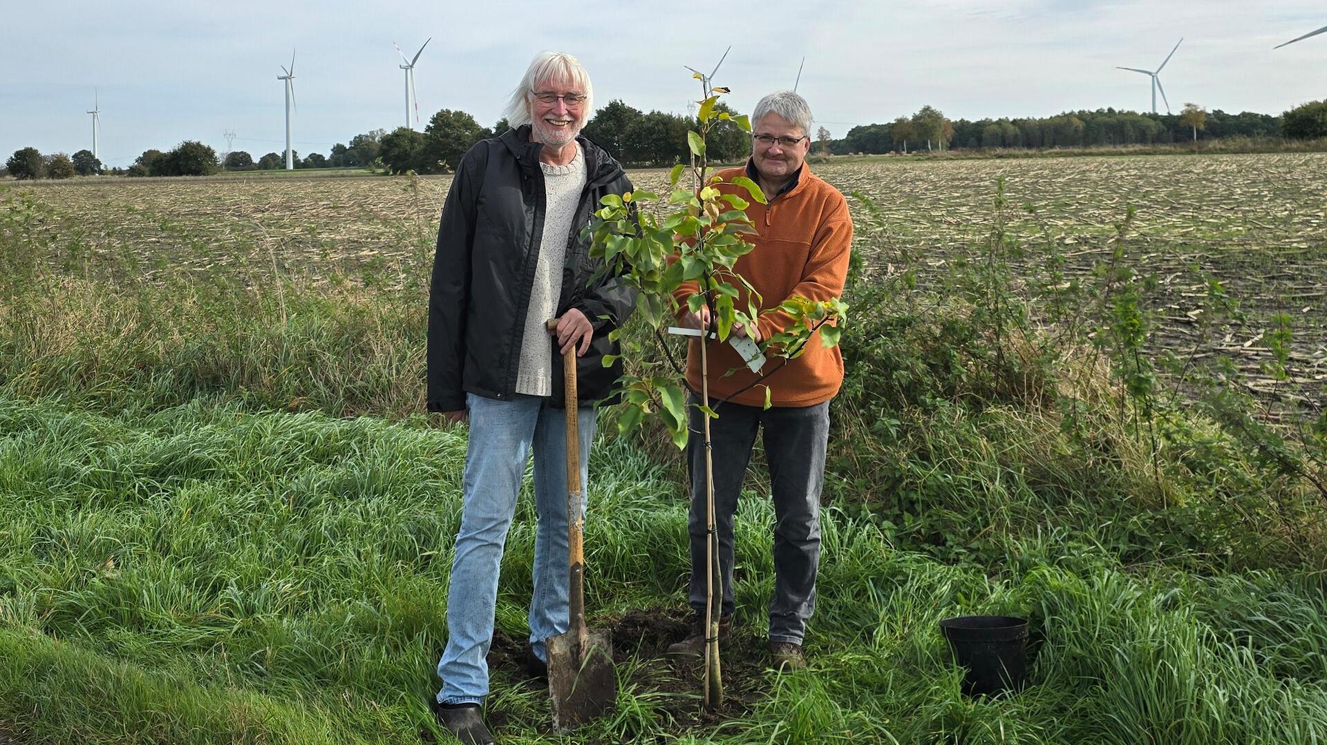 Zwei Männer stehen auf einem Acker an einem frisch gepflanzten Baum.