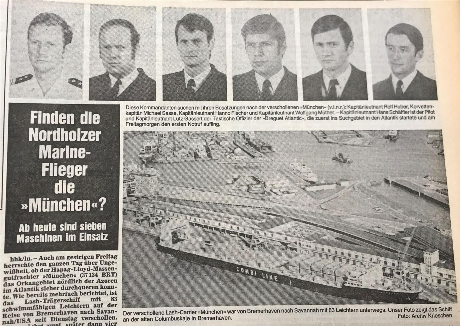 Blick in einen Zeitungsbericht vom 16. Dezember 1978: Zu den entsendeten Marinefliegern in das Suchgebiet bei den Azoren gehörte 1978 auch der Pilot Rolf Huber (links).