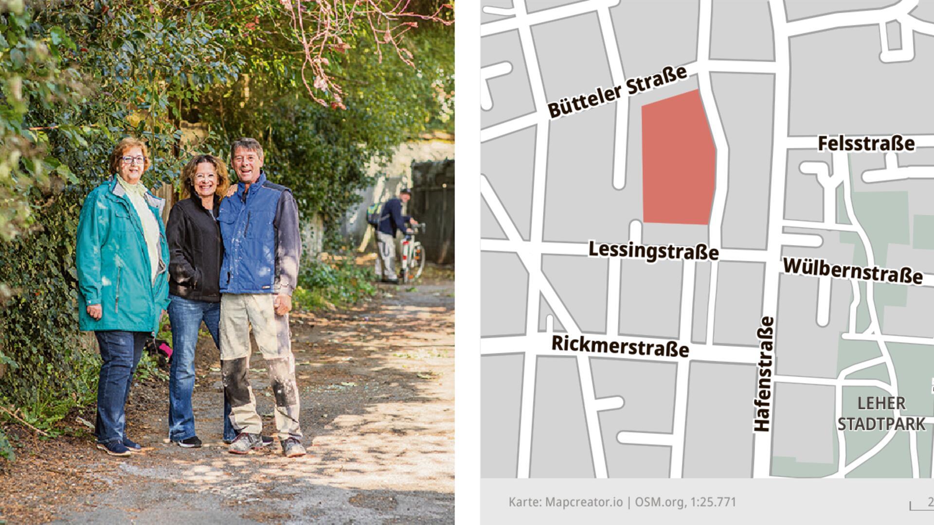 Brigitte Weinhold, Heike Ruppert und Jens Schülmann protestieren gegen die Waldrodung in der Weichselstraße.