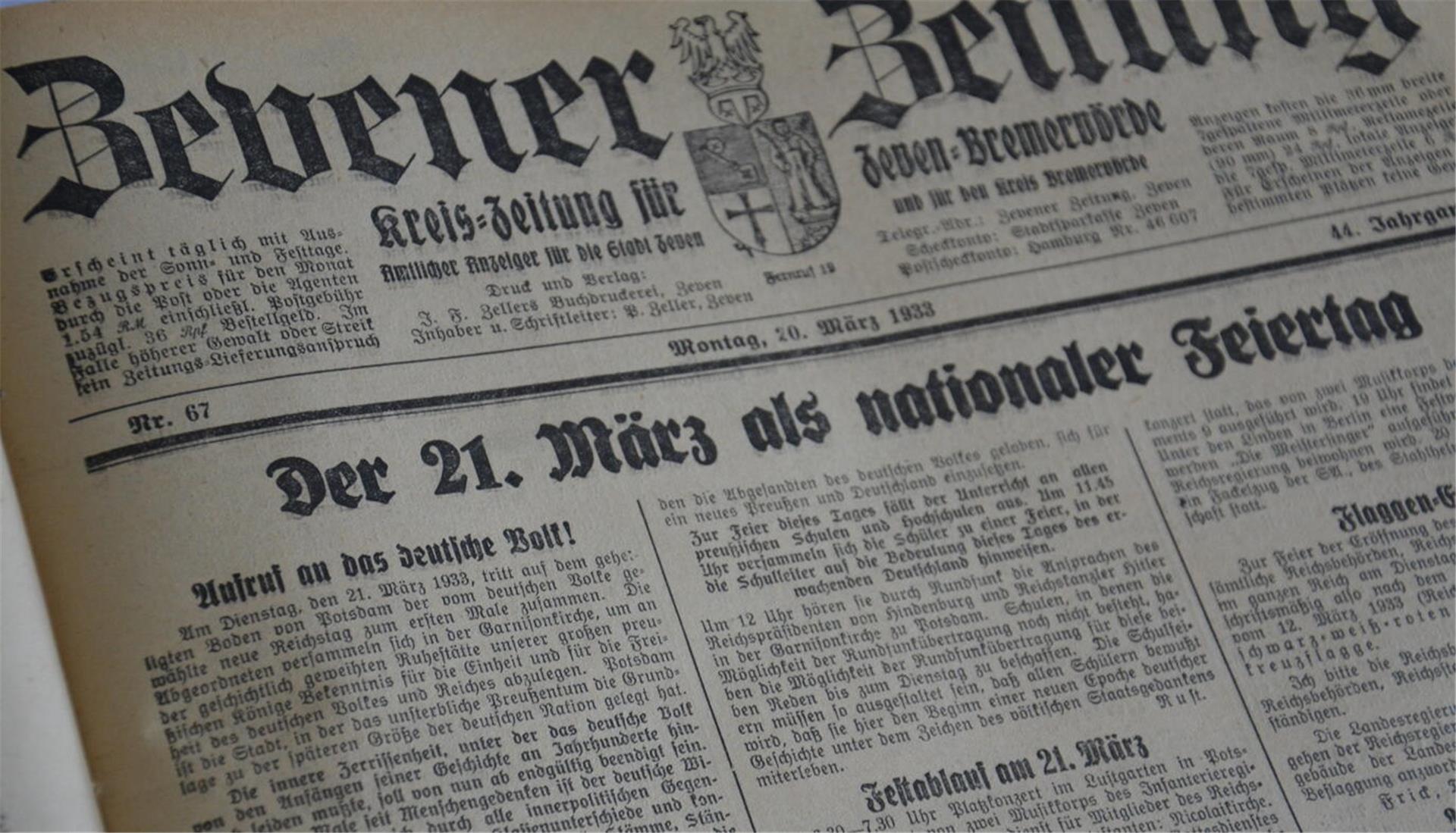 Das Titelblatt der Zevener Zeitung vom 20. März 1933.