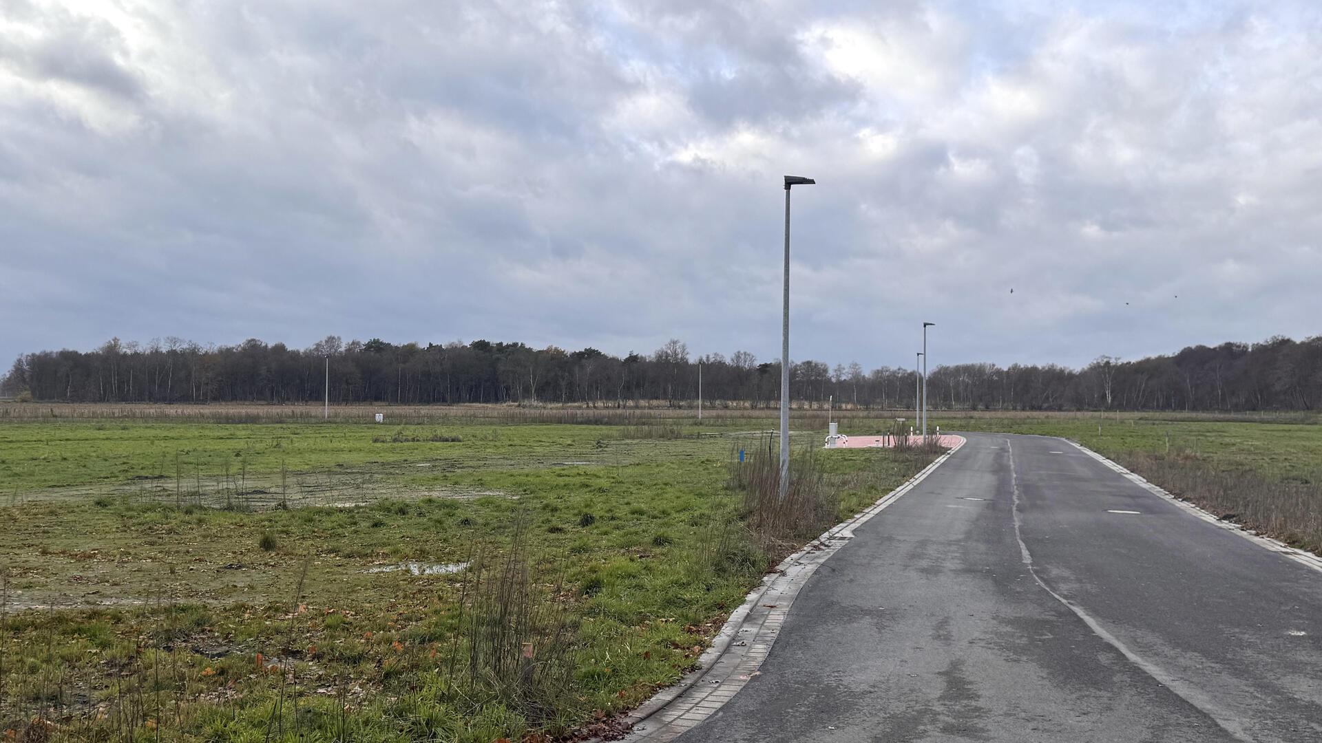 Eine schmale Asphaltstraße führt in ein noch unbebautes Gewerbegebiet.