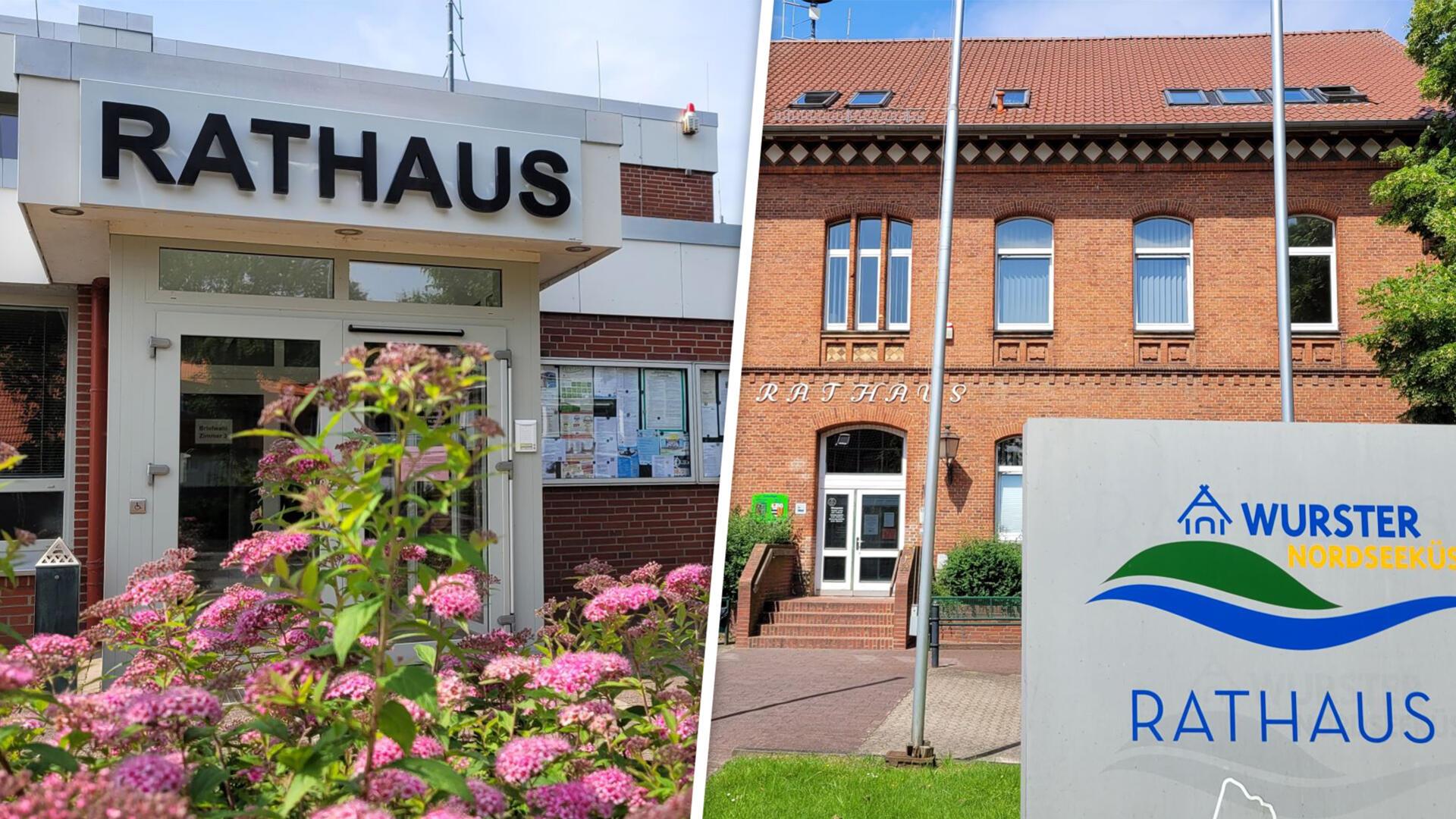 Die Gemeinde Wurster Nordseeküste im Landkreis Cuxhaven hat gleich zwei Rathäuser - eines in Nordholz (links) und eines in Dorum.