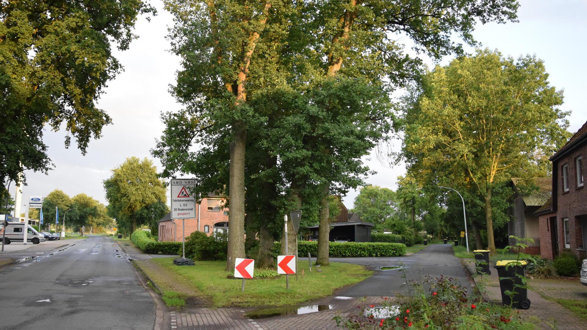 Die Eichen auf der Insel zwischen Landesstraße 122 (links) und Friedhofstraße (rechts) müssen nicht für einen Fahrbahnteiler weichen. Die Zufahrt hinter den Eichen wird dann gesperrt.