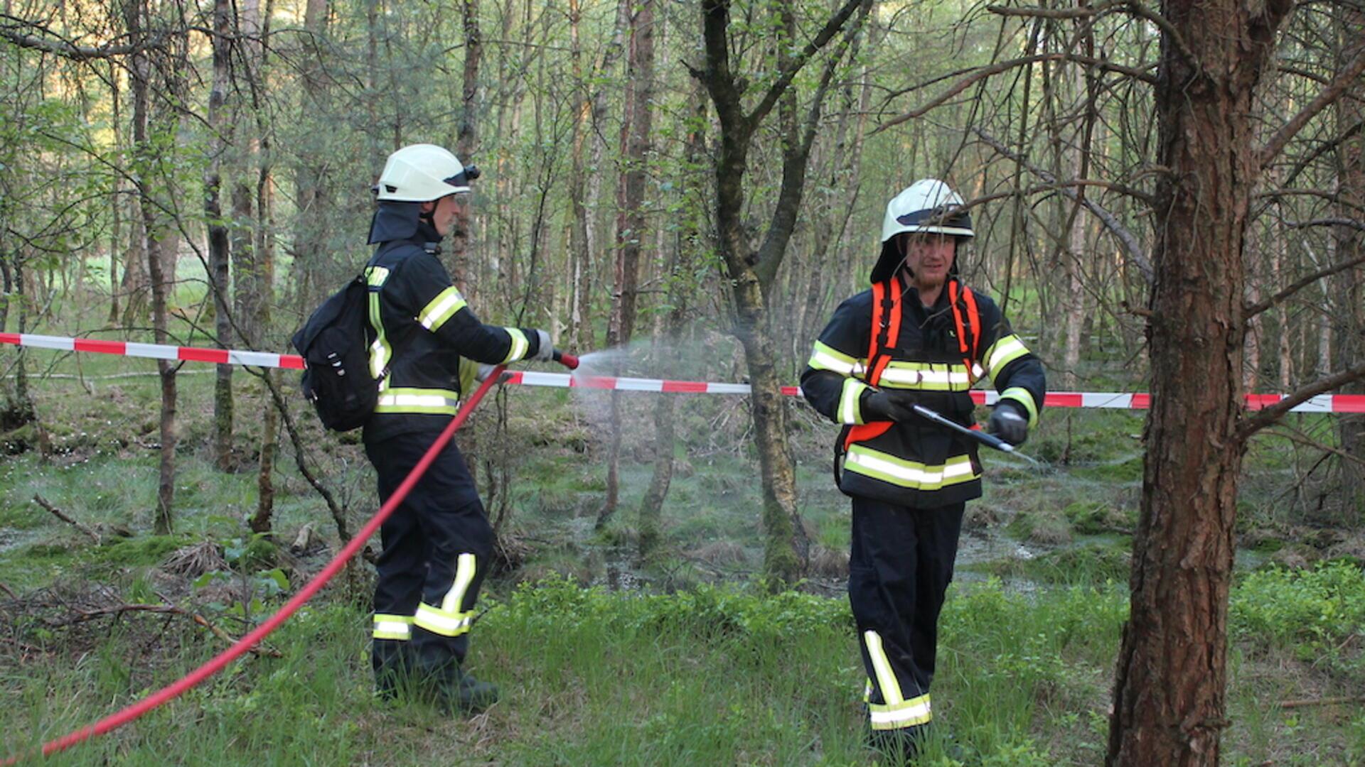 Feuerwehrleute üben die Brandbekämpfung  im Wohnster Moor