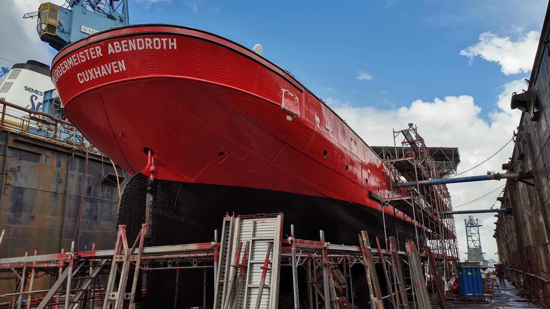 Das Feuerschiff „Elbe 3“ aus dem Bestand des Deutschen Schifffahrtsmuseums in Bremerhaven liegt im Dock der Bredo-Werft. Die Arbeiten sind bald abgeschlossen. 