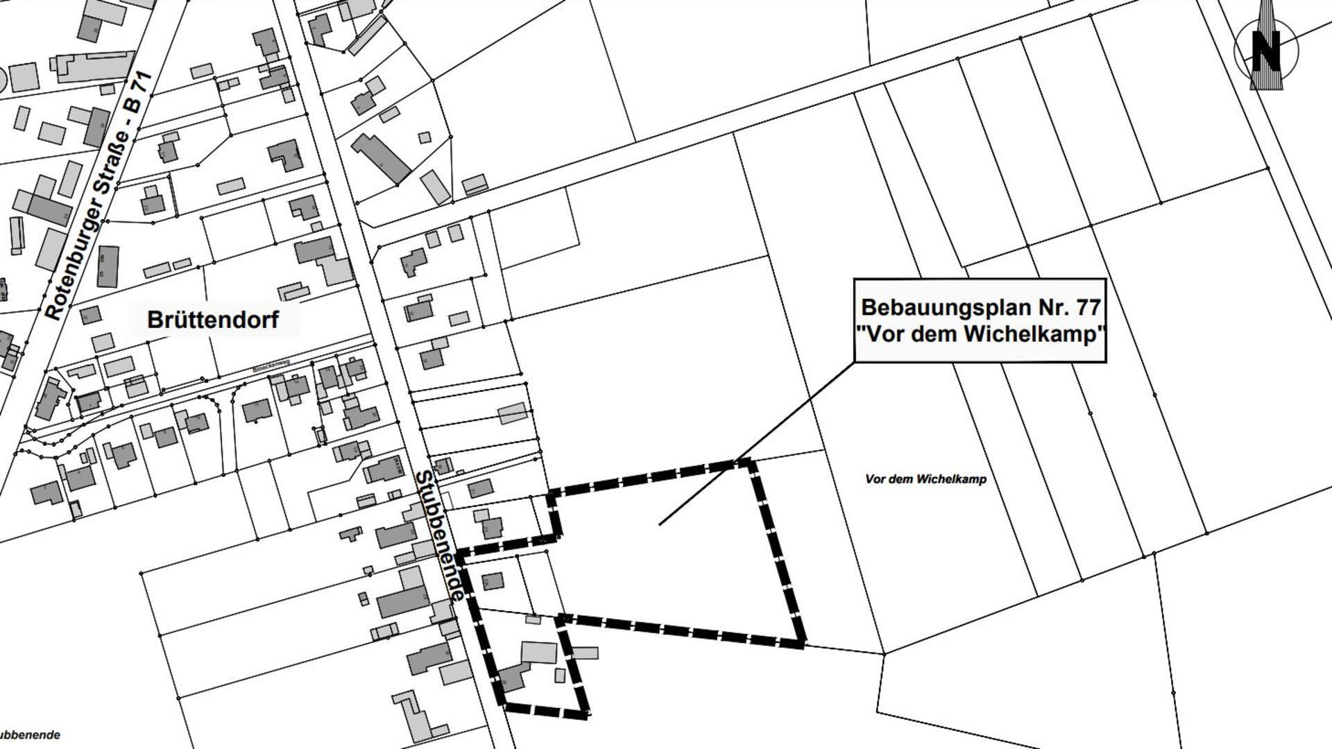 Eine Karte zeigt die Lage des geplanten Baugebietes "Vor dem Wichelskamp" in Brüttendorf