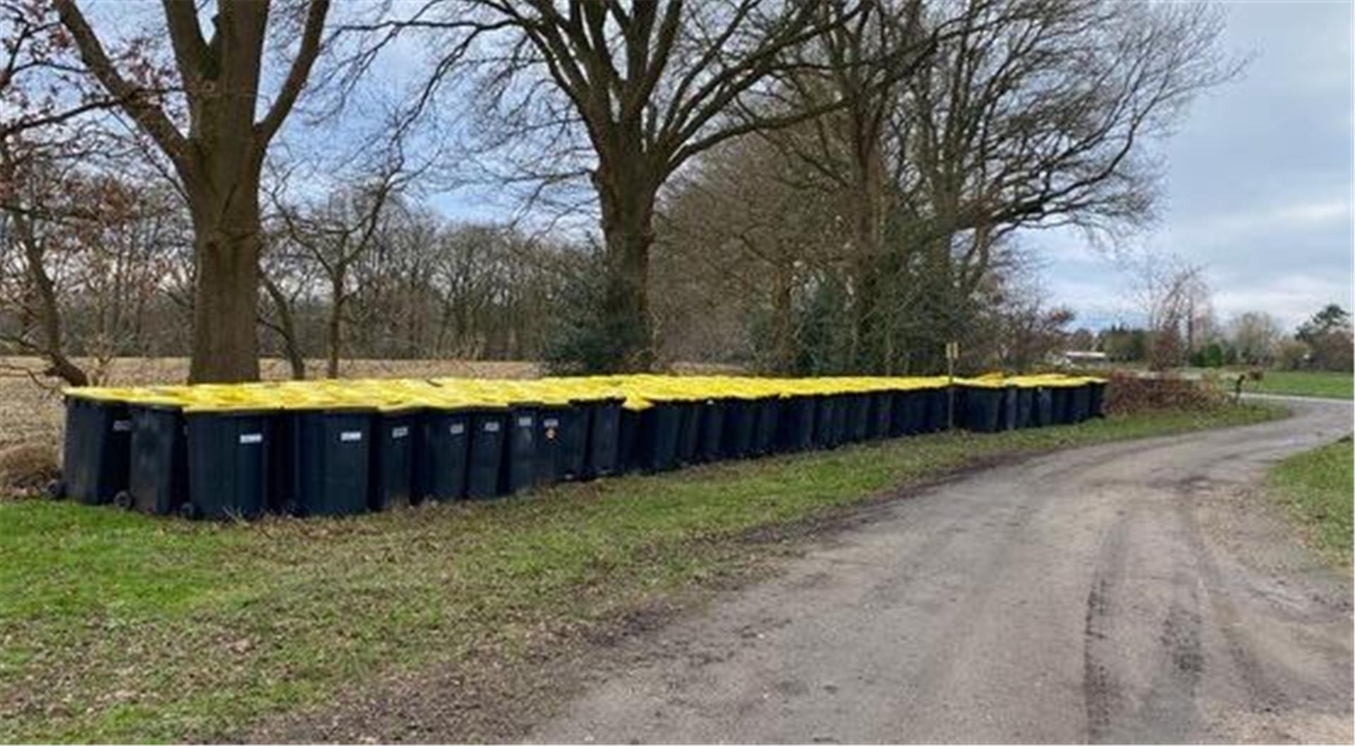 Mülleimer mit gelben Deckeln stehen an einem Weg