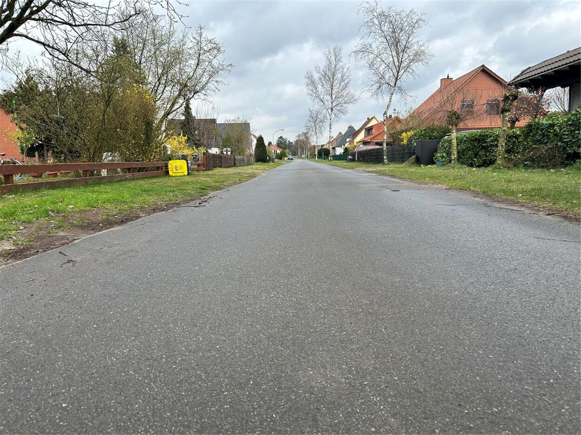 Rechts und links einer Asphaltstraße stehen Häuser und Bäume.