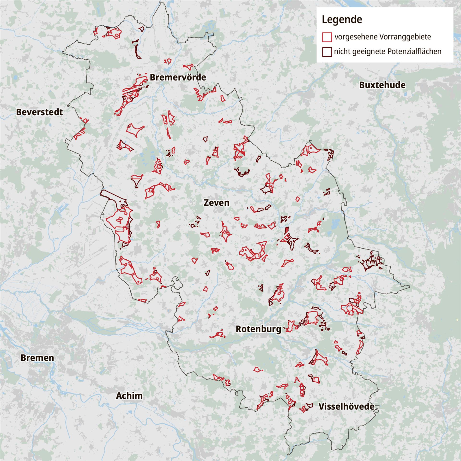 Eine Karte mit möglichen Windparkarealen im Landkreis Rotenburg