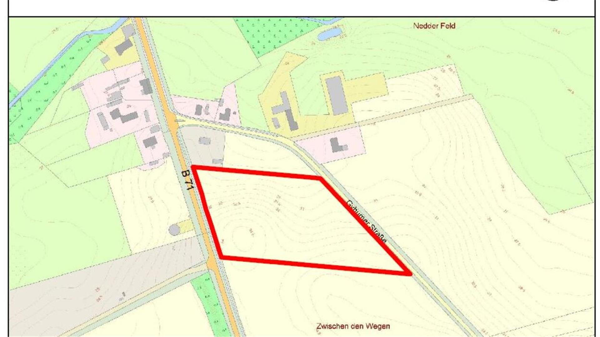 Die rot umrandete Fläche zwischen der Gyhumer Straße und der Bundesstraße am südlichen Rande Wehldorfs wird als Gewerbegebiet ausgewisen. 