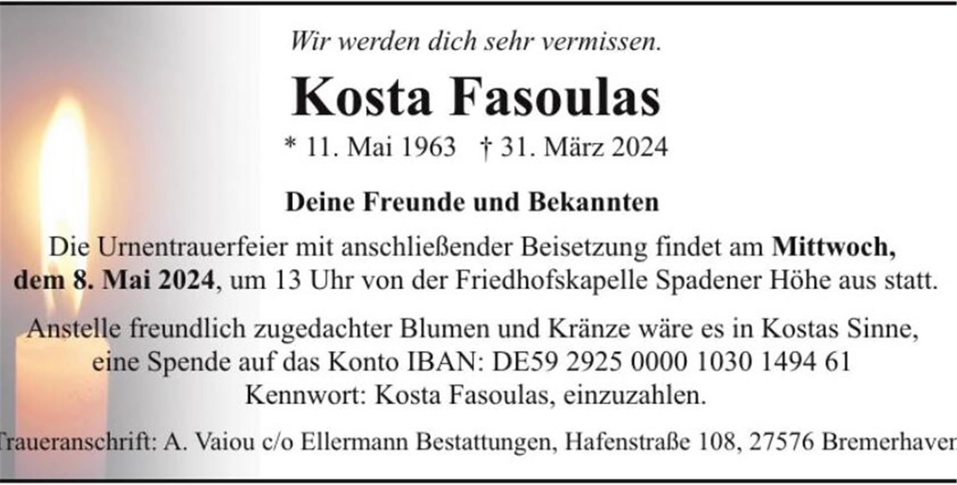 Traueranzeige Kosta Fesoulas