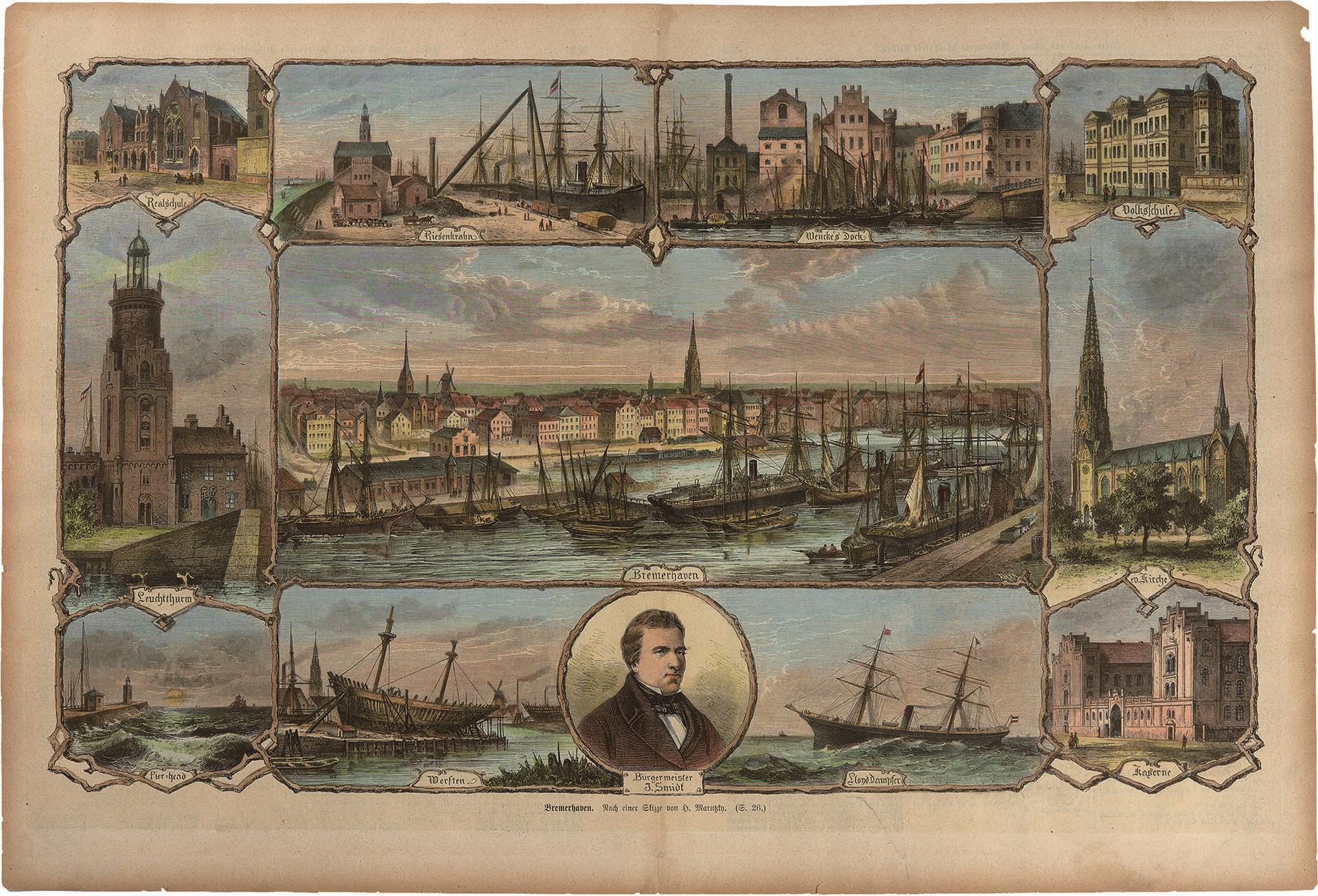 Diese kolorierte Lithografie umfasst elf Einzelansichten Bremerhavens mit einem Medaillon von Johann Smidt aus dem Jahr 1875.