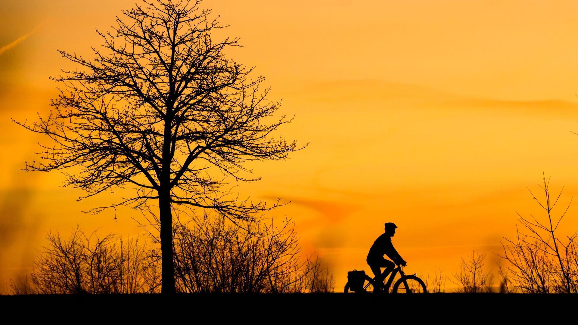 Ein Mann fährt bei Sonnenaufgang mit einem Fahrrad über einen Feldweg in der Region Hannover.