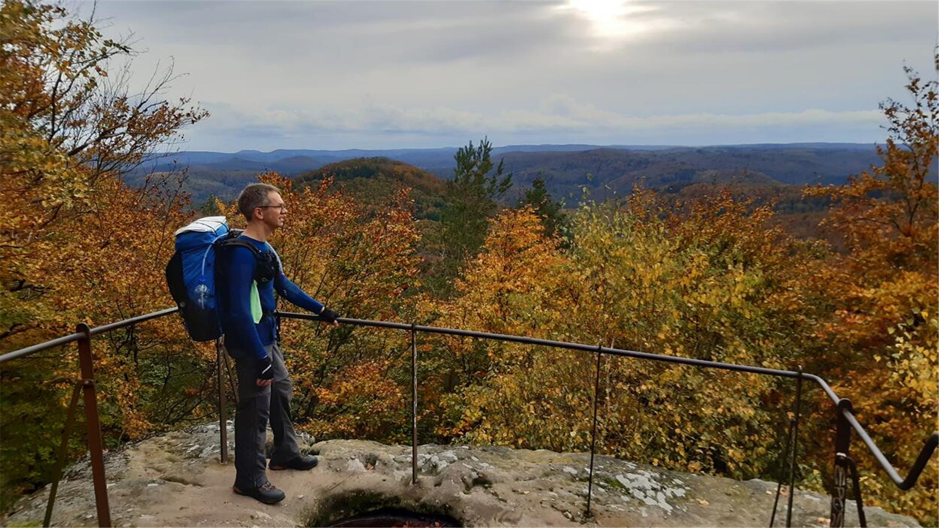 Ein Mann steht auf einer Aussichtsplattform im Wald.