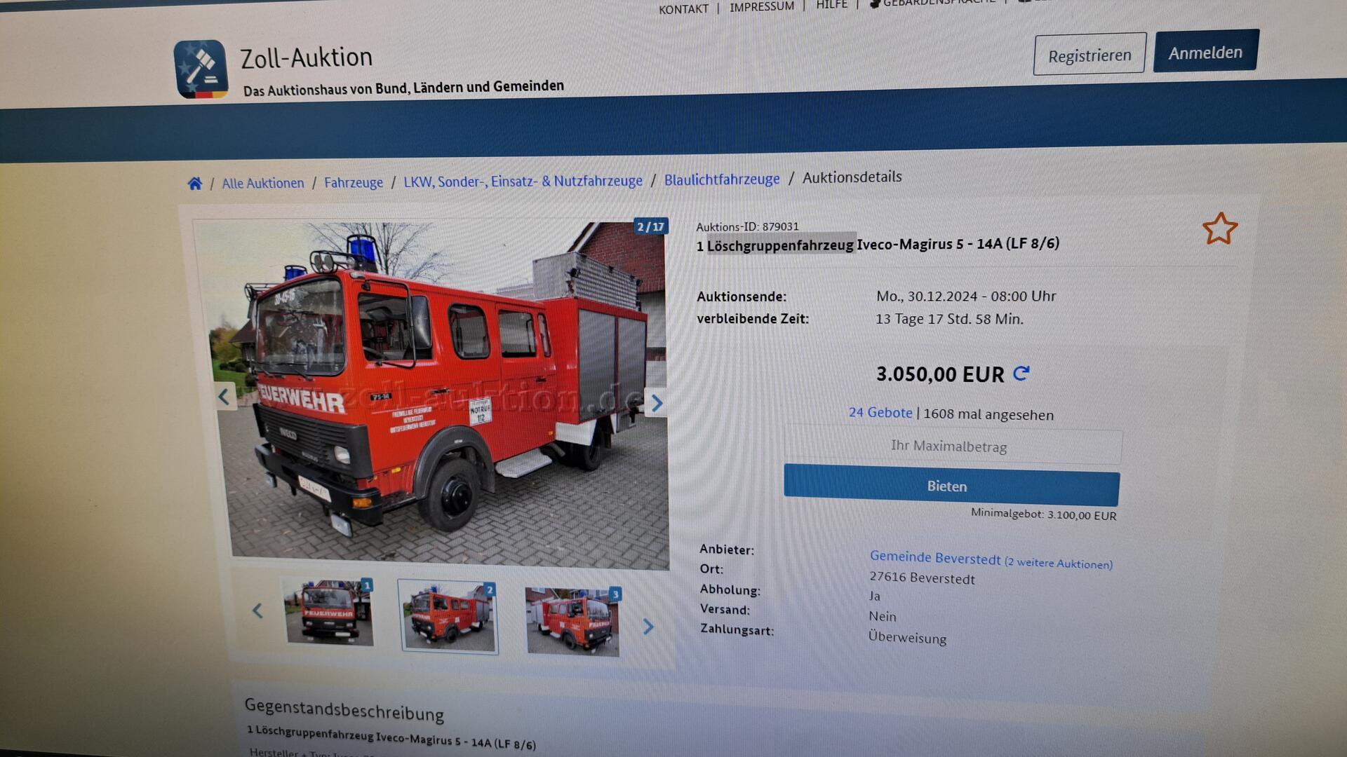 Feuerwehr-Auto zu versteigern: Auf der Internetseite des Zolls wird ein Löschgruppenfahrzeug aus Heerstedt angeboten. 