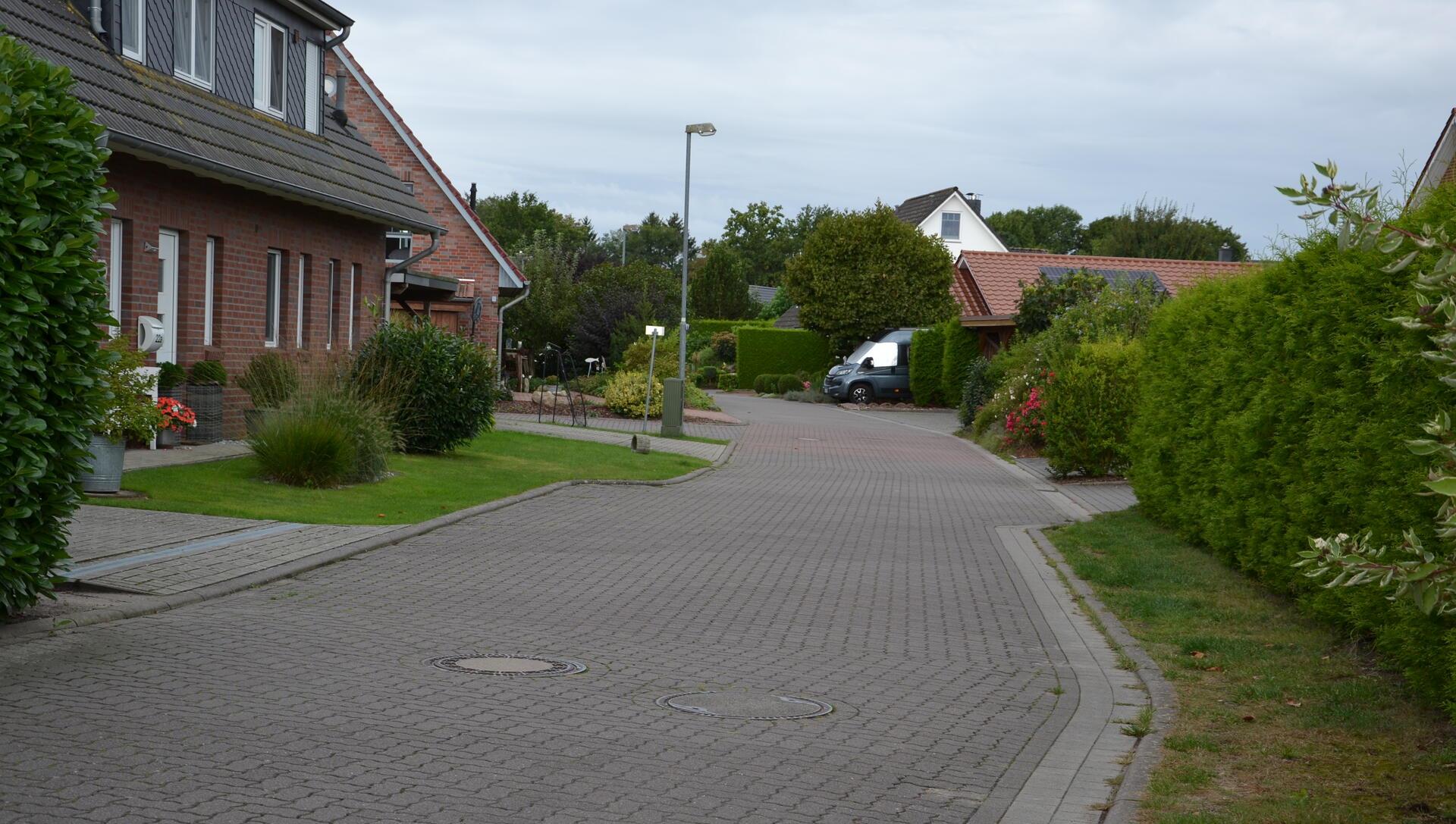 Eine gepflasterte Straße in einem Wohngebiet mit vielen Hecken.