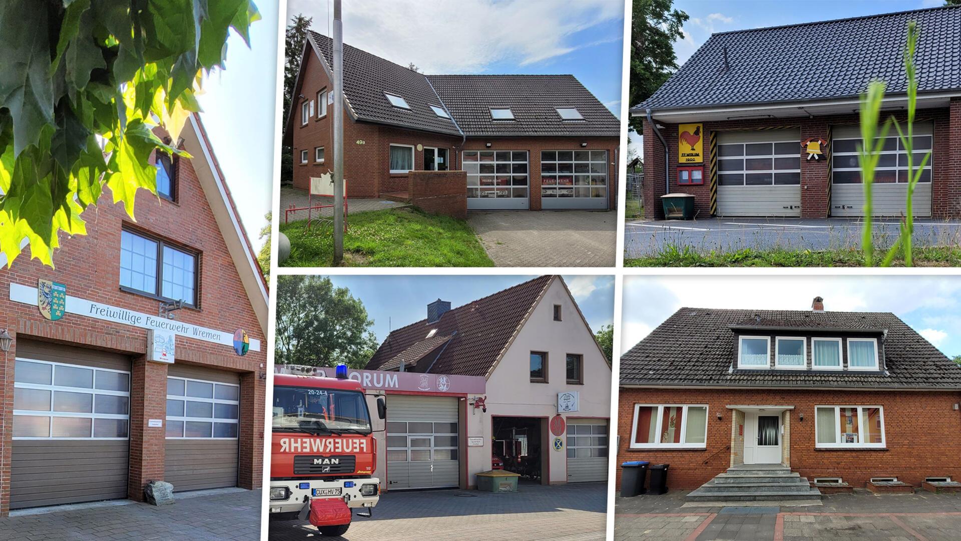 5 betagte Feuerwehrhäuser in der Gemeinde Wurster Nordseeküste (von links im Uhrzeigersinn): Wremen, Deichsende, Midlum, Nordholz und Dorum