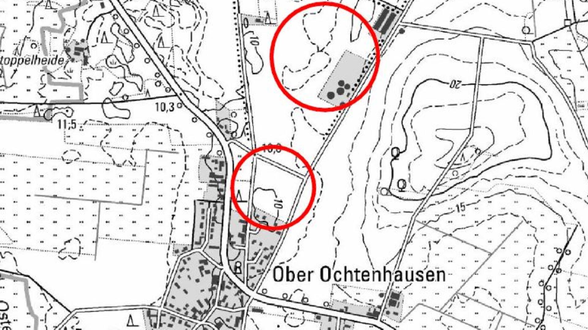 In Ober Ochtenhausen plant die OsteMethan GmbH & Co. KG den Bau einer Biomethan-Aufbereitungsanlage (oberer roter Kreis), und die Gemeinde Sandbostel möchte angrenzend ans bestehende Baugebiet „An der Schule II“ 2,5 Hektar für Wohnbebauung ausweisen.