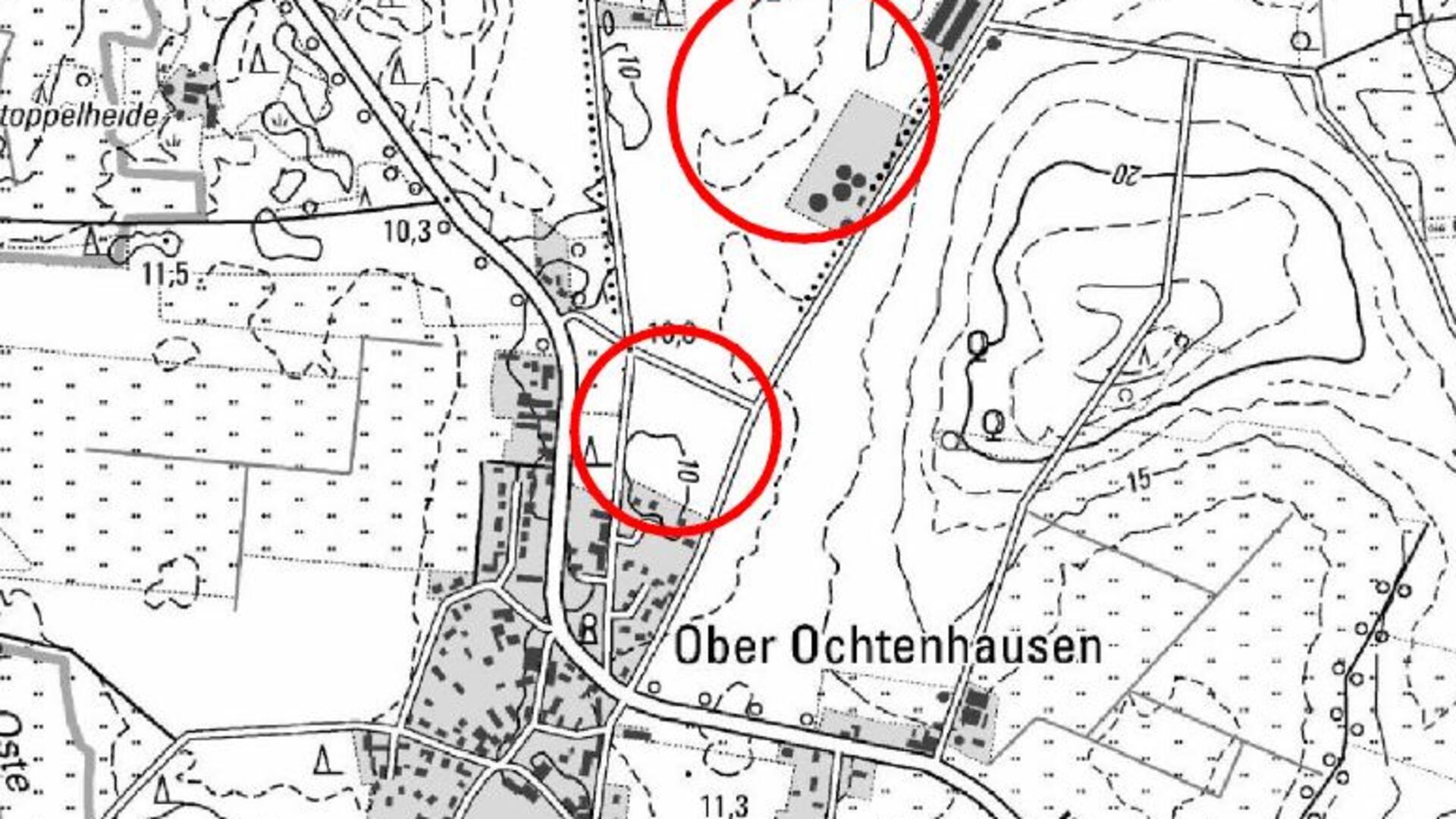 In Ober Ochtenhausen plant die OsteMethan GmbH & Co. KG den Bau einer Biomethan-Aufbereitungsanlage (oberer roter Kreis). Die Gemeinde Sandbostel wiederum möchte angrenzend ans bestehende Baugebiet „An der Schule II“ 2,5 Hektar für Wohnbebauung ausweisen.