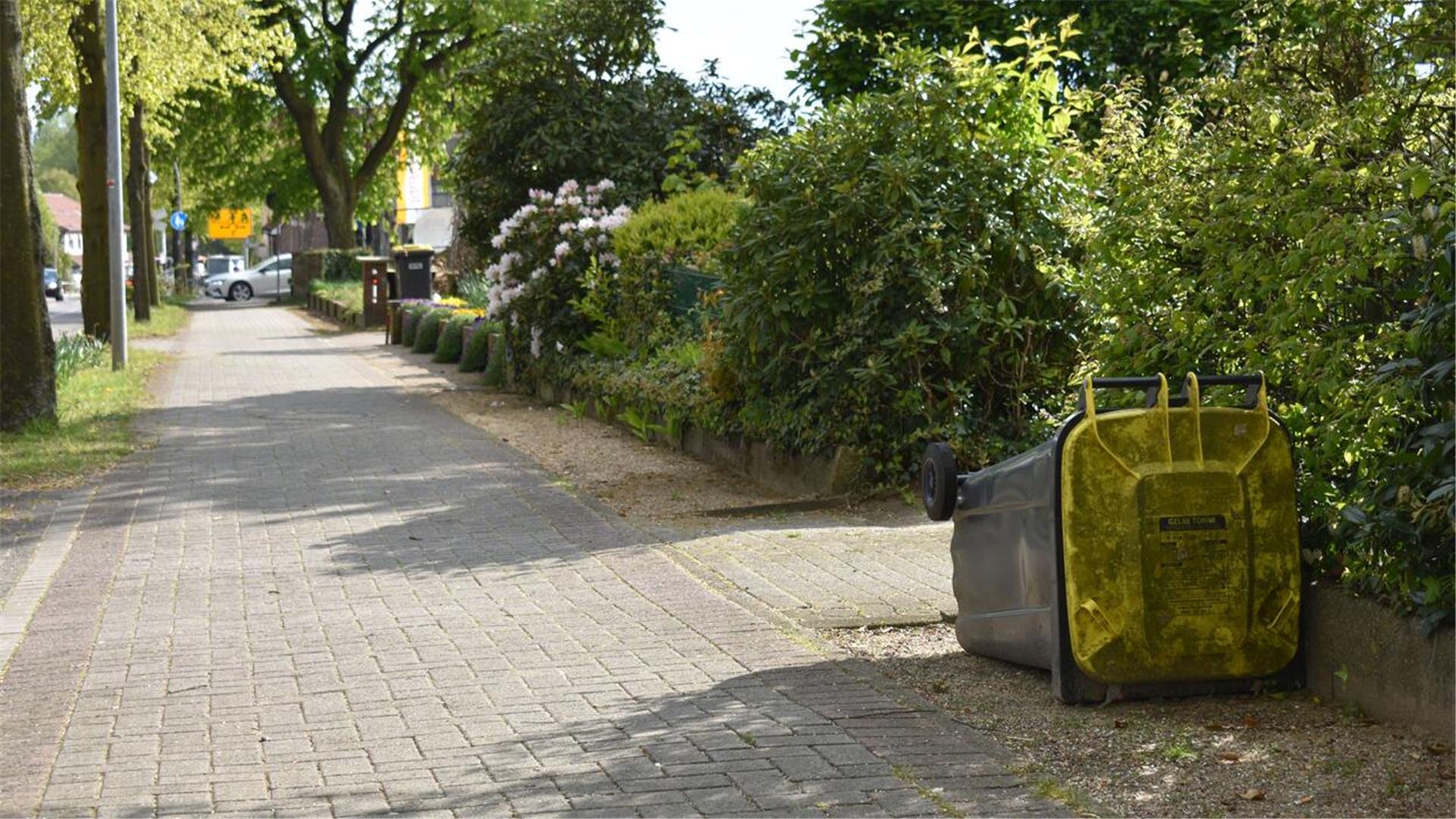 Eine Gelbe Tonne liegt neben dem Fußweg