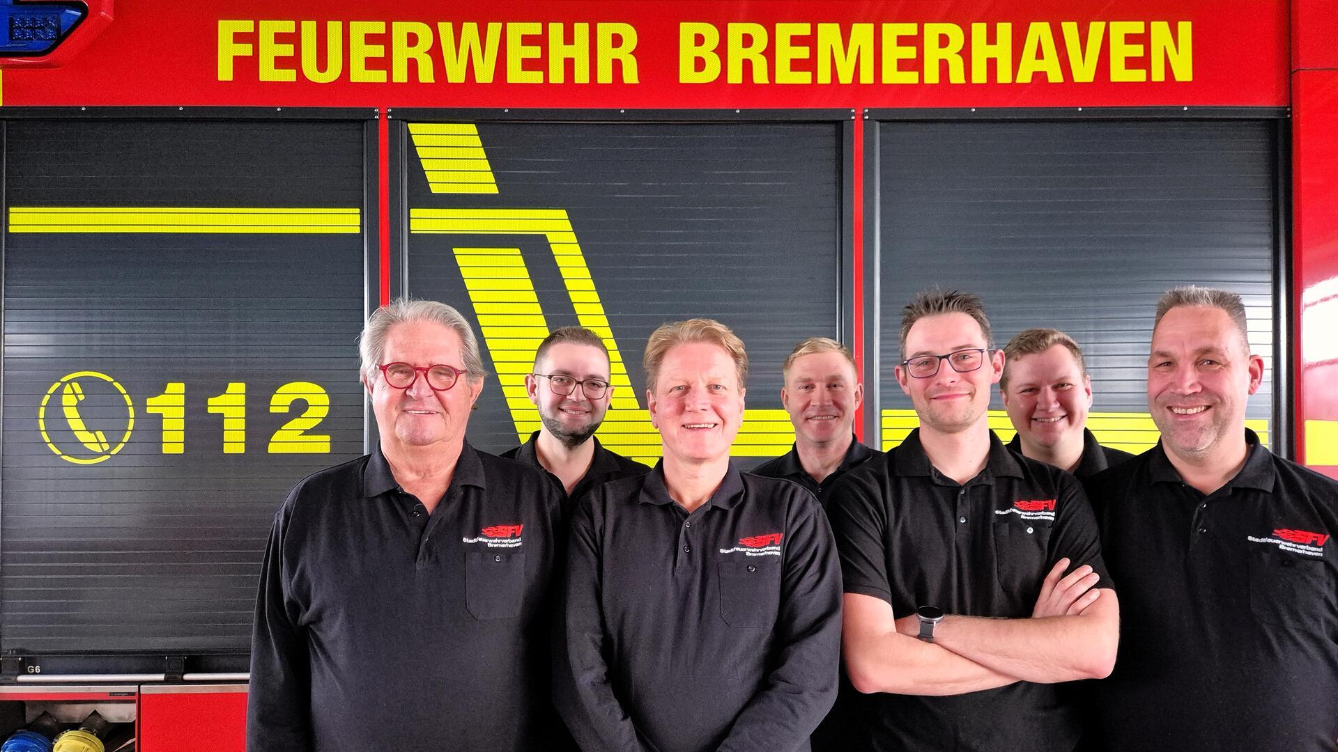 Jörn Hoffmann, Sergej Strelow, Olaf Jongeling, Maik Oberender, Marc Hübler, Jan Sauer und Malte Hoheisel bilden den Vorstand des Stadtfeuerwehrverbandes Bremerhaven.