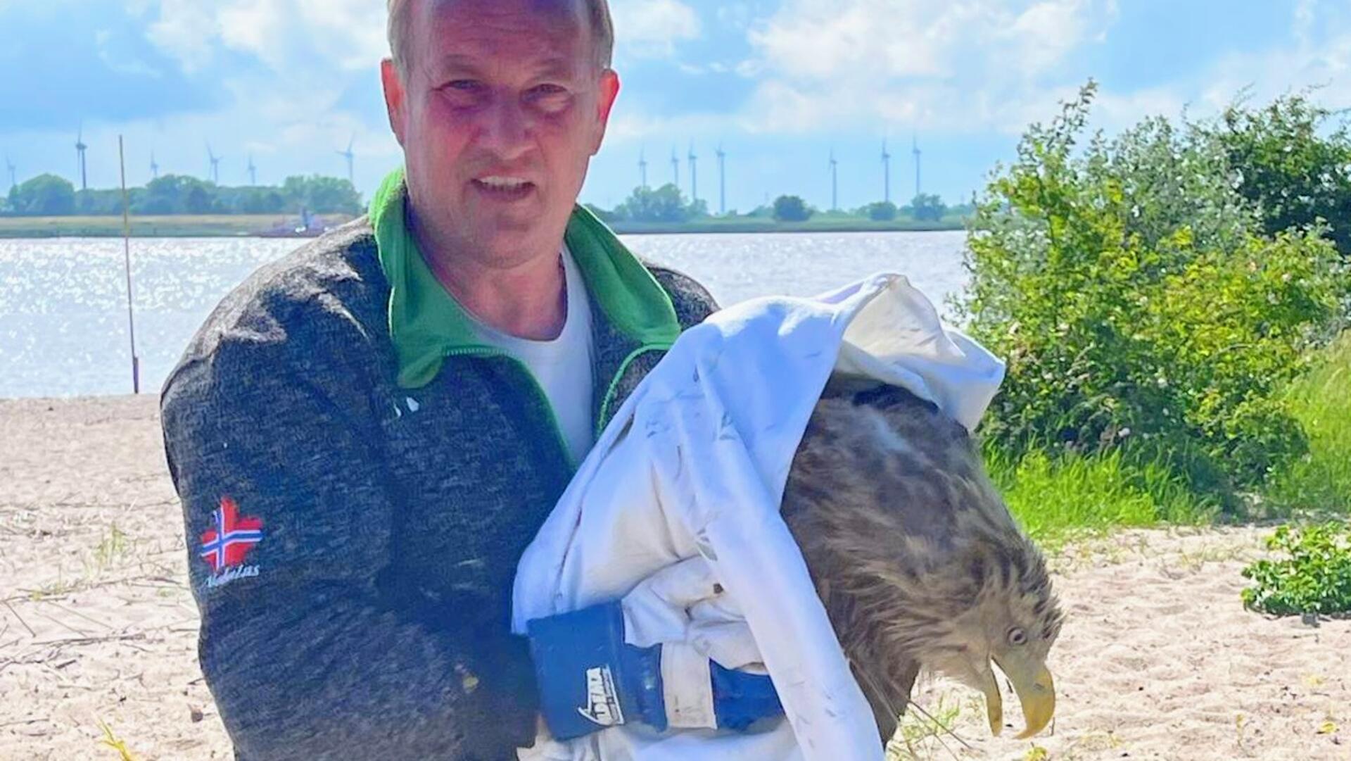 Ein Mann hält einen verletzten Seeadler im Arm.