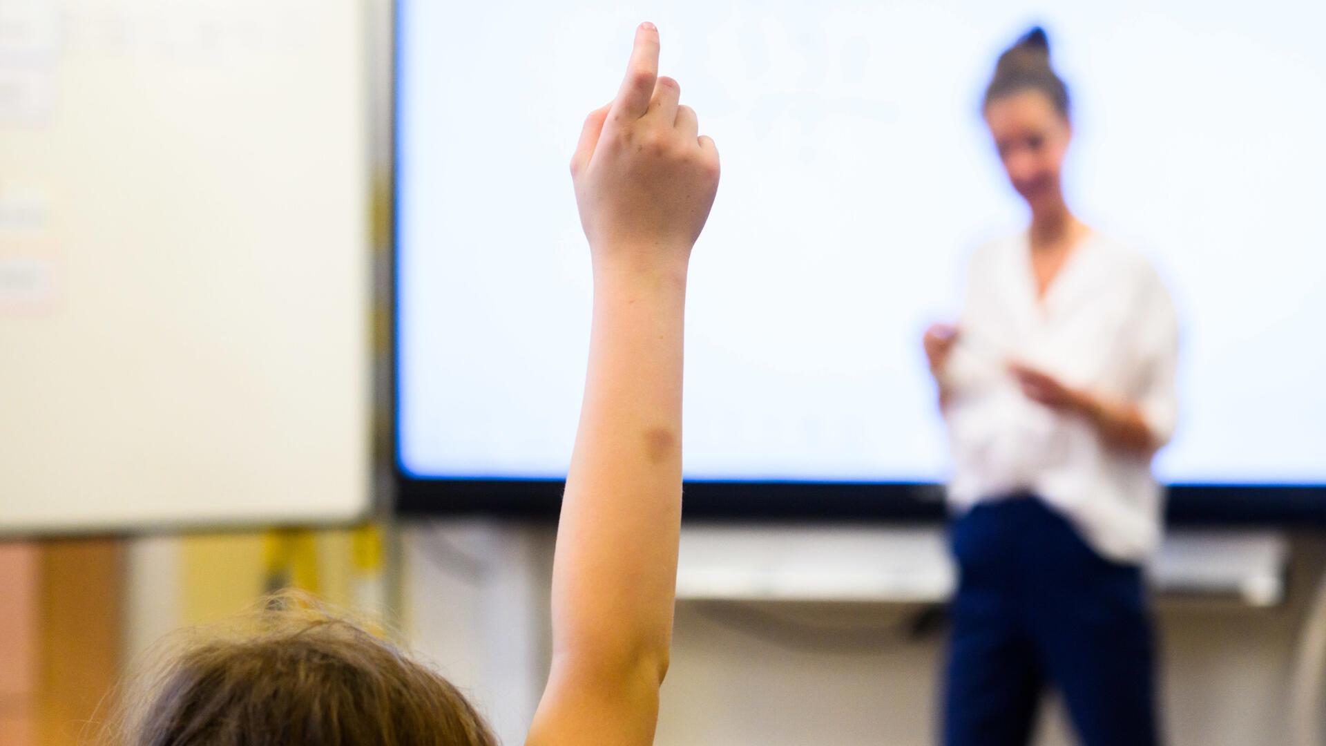 Ein Schüler meldet sich per Handzeichen in einem Klassenraum. 