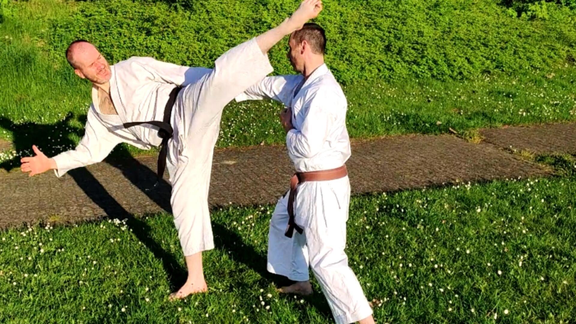 Zwei Männer in weißen Sportanzügen kämpfen auf einem Rasen miteinander