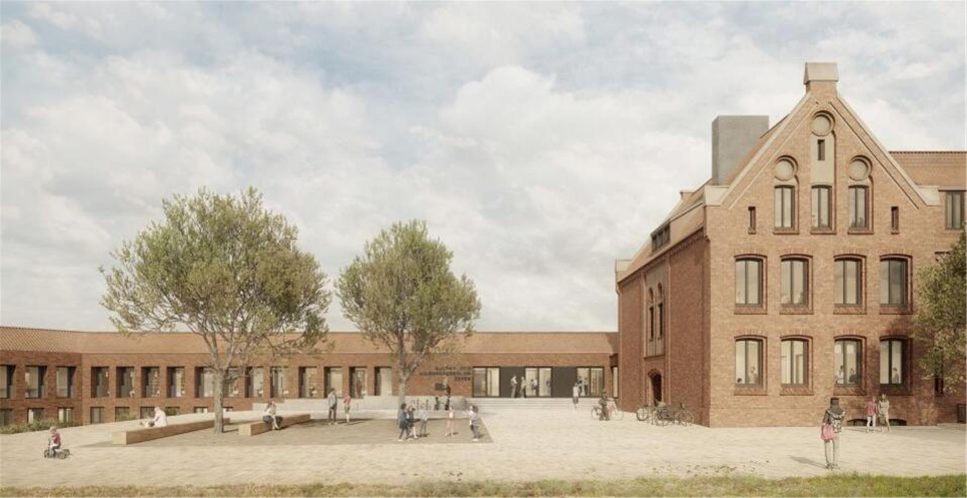 So soll es aussehen, wenn es fertig ist - das Kultur- und Bildungszentrum am Klostergang. Im Holländertrakt die Bibliothek, im Altbau Archiv und Volkshochschule.
