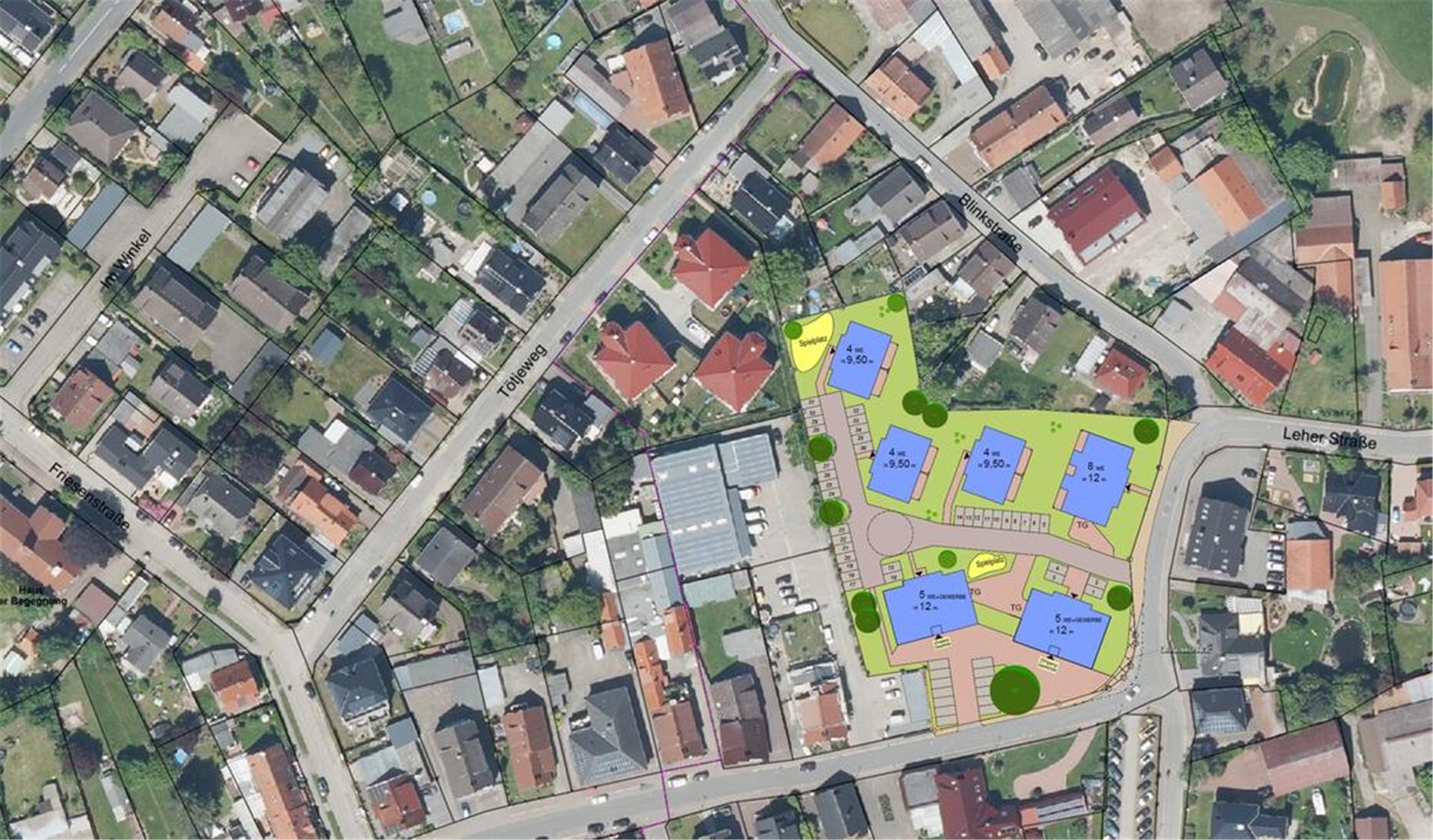 Spaden vermittelt nicht mehr wirklich einen dörflichen Eindruck. Das zeigt das Luftbild. Aus Sicht von Stadtplaner Grün passen die Pläne des Investors (blaue Gebäude) in die Umgebung. Entwurf: Loskan/Bearbeitung: Gemeinde