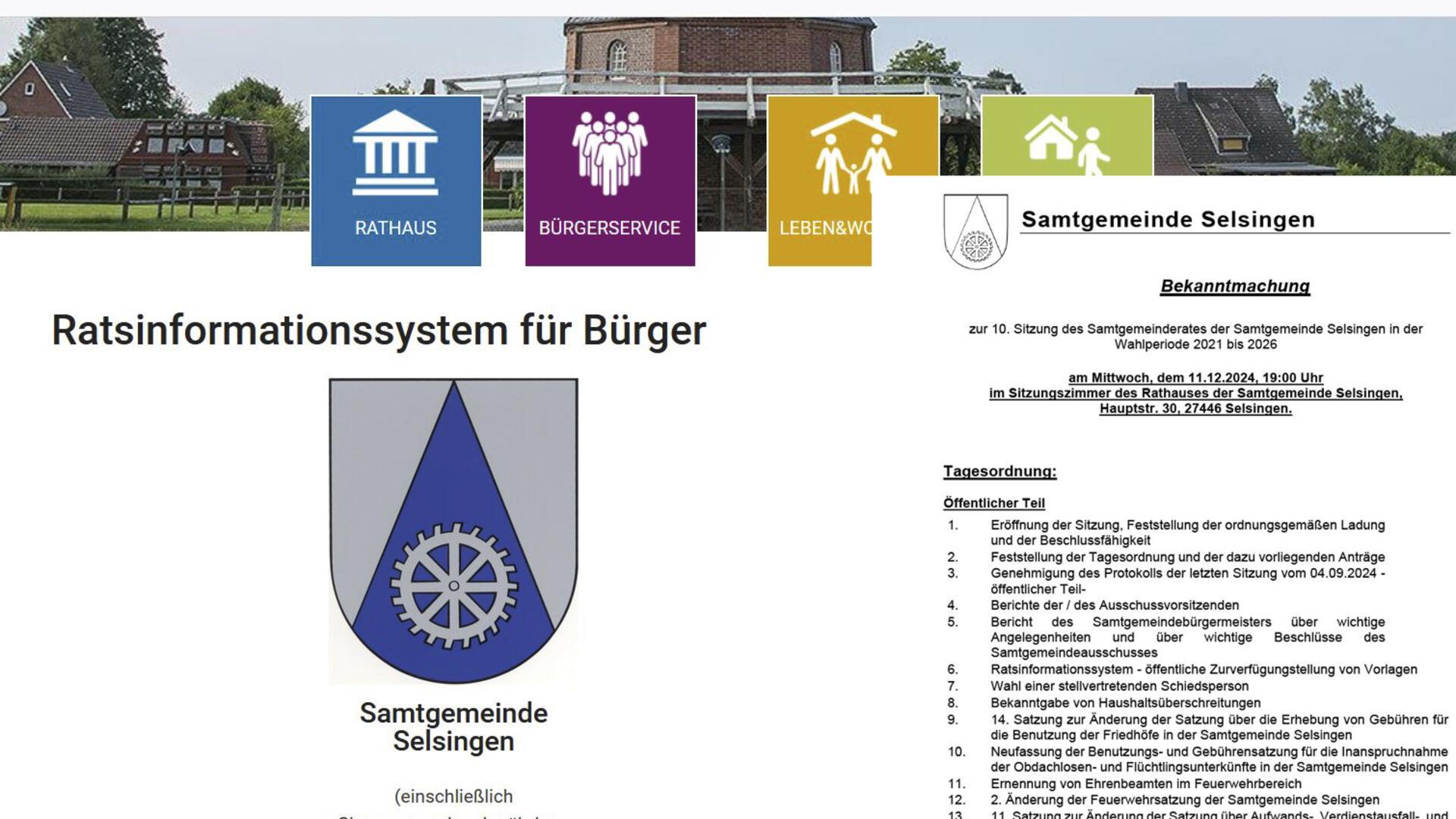 Über die Homepage der Samtgemeinde Selsingen (www.selsingen.de) gelangen Interessierte ins Ratsinformationssystem für Bürger. Dort sollen ab 1. Januar neben den Tagesordnungen weitere Unterlagen zu den Sitzungsthemen abrufbar sein.