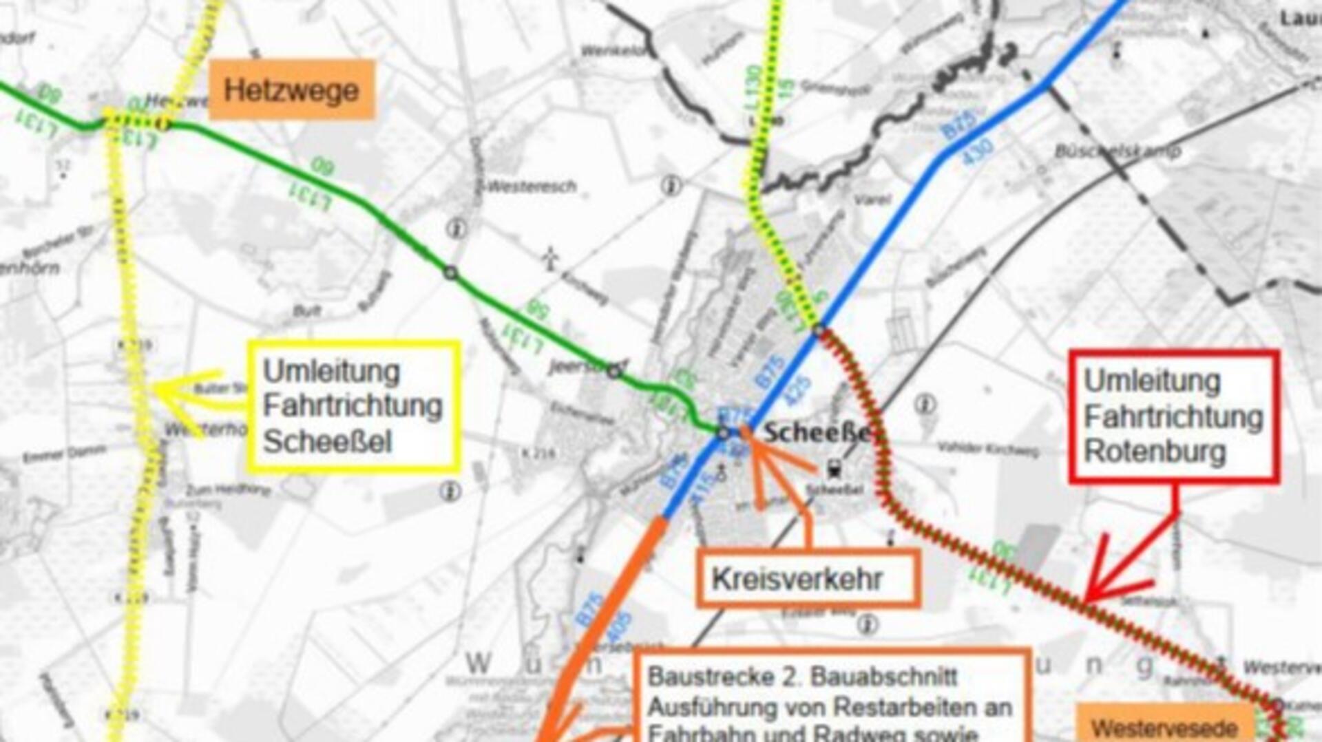 Die Grafik zeigt die geplante Vollsperrung der B 75 zwischen Scheeßel und Rotenburg wegen der Erneuerung der Fahrbahn und des Radwegs